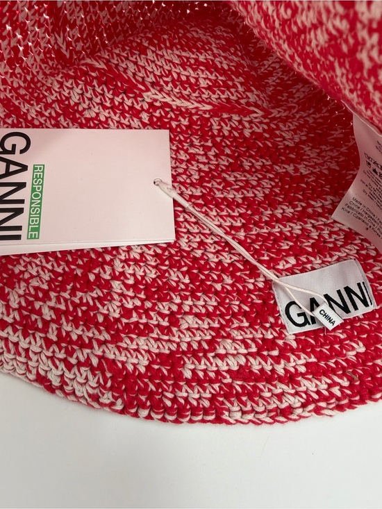 Ganni Crochet Knitted Red & White Logo Bucket Hat